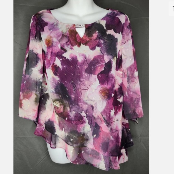 NWT Alex Evenings Tiered Ruffle Short Sleeve Top Purple Floral Shimmer Women's M - Picture 1 of 10